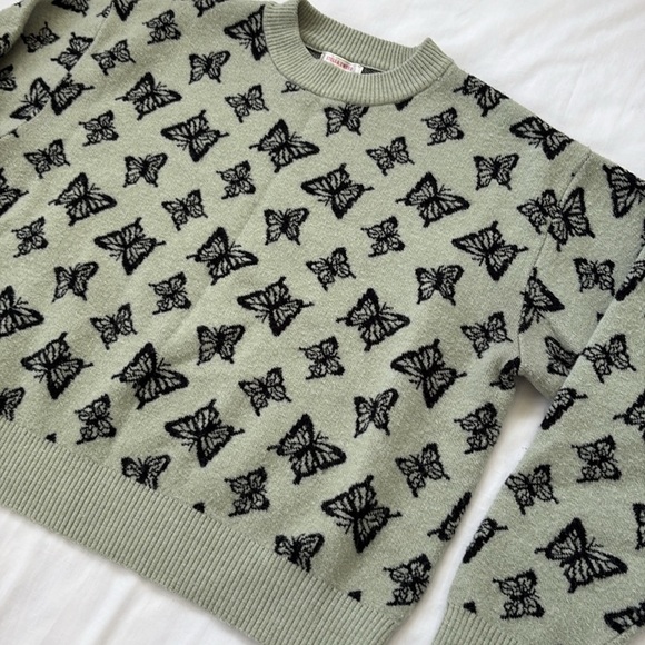 Stella Tweed Green Black Butterfly Knit Sweater Boho Cottage Cropped Women XL - Picture 2 of 9